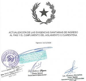 Actualización de las exigencias sanitarias de ingreso al país y el cumplimiento del aislamiento o cuarentena. VIGENCIA: 21/12/2020