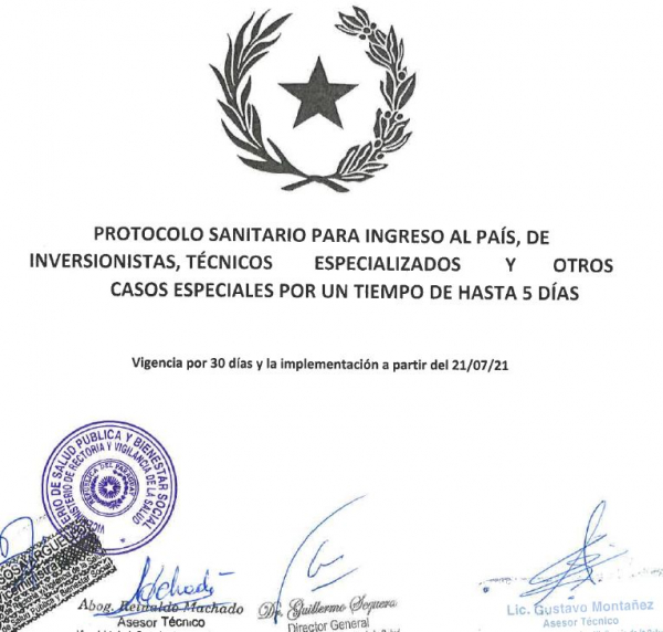 PROTOCOLO SANITARIO PARA INGRESO AL PAÍS, DE INVERSIONISTAS, TÉCNICOS ESPECIALIZADOS Y OTROS CASOS ESPECIALES POR UN TIEMPO DE HASTA 5 DÍAS - Vigencia desde el 21/07/2021
