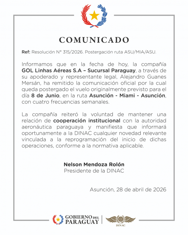 COMUNICADO: Resolución N° 315/2026. Postergación ruta ASU/MIA/ASU.