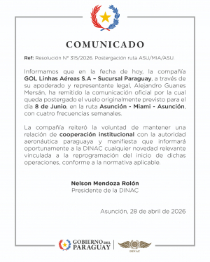 COMUNICADO: Resolución N° 315/2026. Postergación ruta ASU/MIA/ASU.