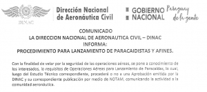COMUNICADO: Procedimiento para lanzamiento de paracaidistas y afines.