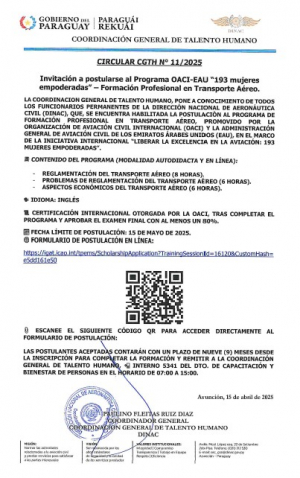Circular CGTH N° 11/2025 - Invitación a postularse al Programa OACI - EAU &quot;193mujeres empoderadas&quot; - Formación Profesional en Transporte Aéreo&quot;