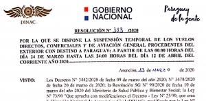 Resolución DINAC N° 313/2020 - Suspensión temporal de vuelos comerciales y aviación general