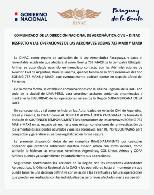 COMUNICADO. Aeronaves BOEING 737 MAX8 y MAX9