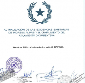Actualización de las exigencias sanitarias de ingreso al país y el cumplimiento del aislamiento o cuarentena. VIGENCIA: 21/07/2021