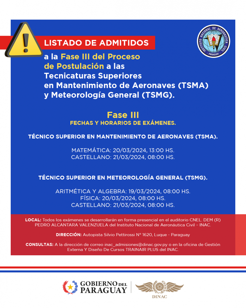 Listado de Admitidos a la Fase III del Proceso de Postulación a las Tecnicaturas Superiores en Mantenimiento de Aeronaves (TSMA) y Meteorología General (TSMG).