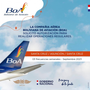 LA COMPAÑIA AÉREA BOLIVIANA DE AVIACIÓN (BOA) SOLICITÓ AUTORIZACIÓN PARA REALIZAR OPERACIONES REGULARES.