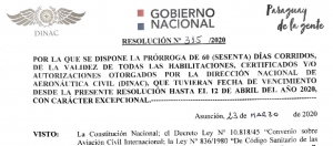 Resolución DINAC N° 315/2020 - Prorroga de 60 días corridos de habilitaciones, certificados, autorizaciones.