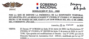 Resolución DINAC N°314/2020 - Prorroga de suspensión temporal Resolución N° 272 y N° 280