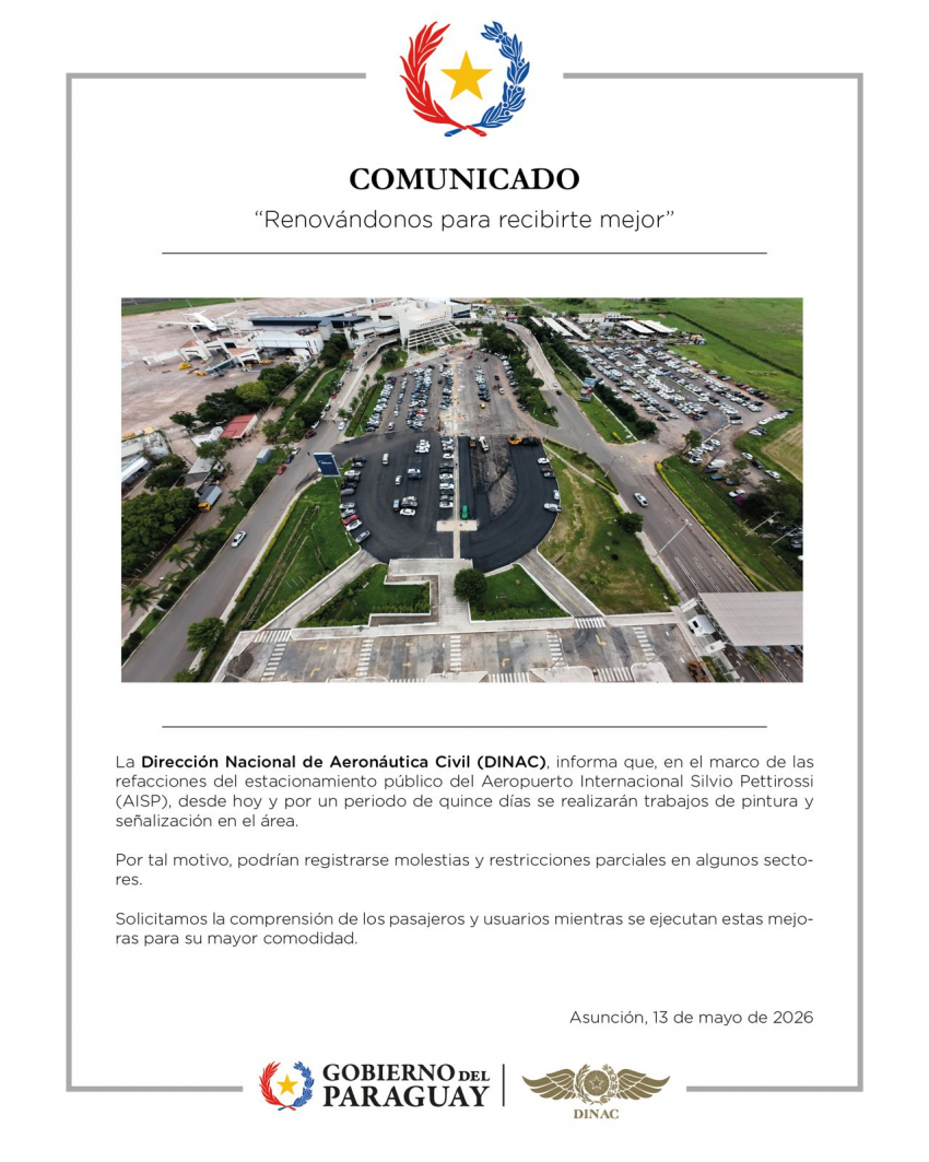 Comunicado: Refacciones del estacionamento público del Aeropuerto Internacional Silvio Pettirossi.