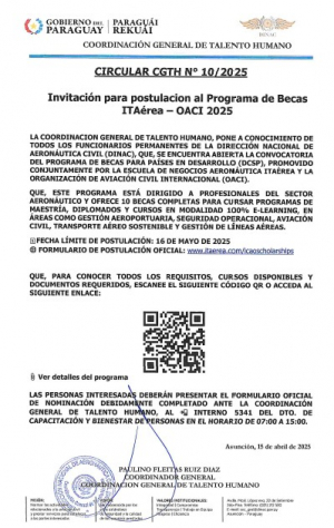 Circular CGTH N° 10/2025 -  &quot;Invitación para postulación al Programa de Becas ITAéreas - OACI 2025&quot;