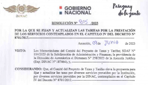 Resolución N° 815/2023 &quot;POR LA QUE SE FIJAN Y ACTUALIZAN LAS TARIFAS POR LA PRESTACIÓN DE LOS SERVICIOS CONTEMPLADOS EN EL CAPÍTULO IV DEL DECRETO N° 8701/2012&quot;